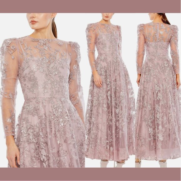 NWT $598 Mac Duggal [ 20 ] Embroidered Illusion High Neck A Line Gown Lilac Mauv - Picture 1 of 15
